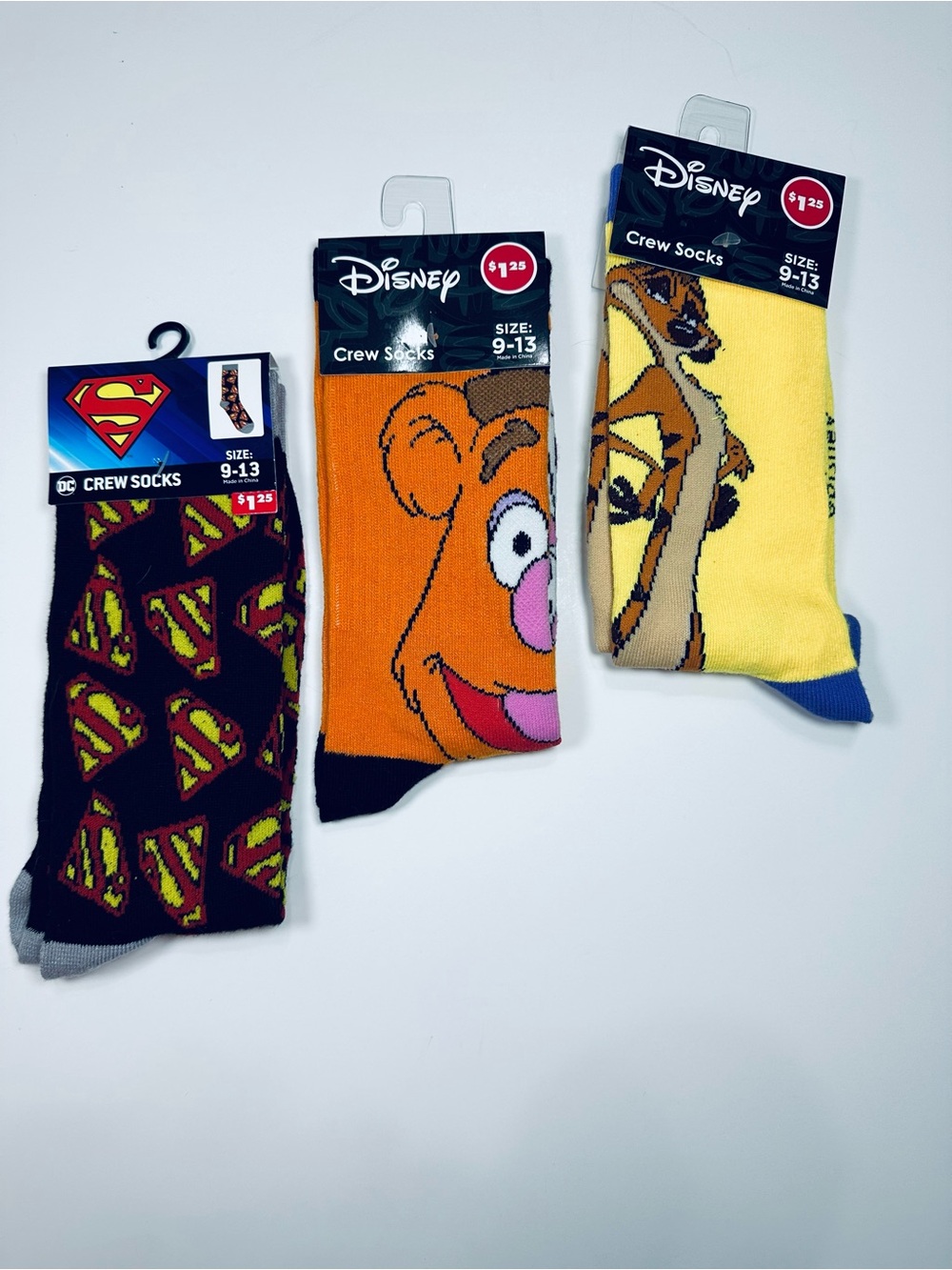 NWT Character Crew Socks 3 Pair Superman Fozzie Bear Timon Adult 9-13